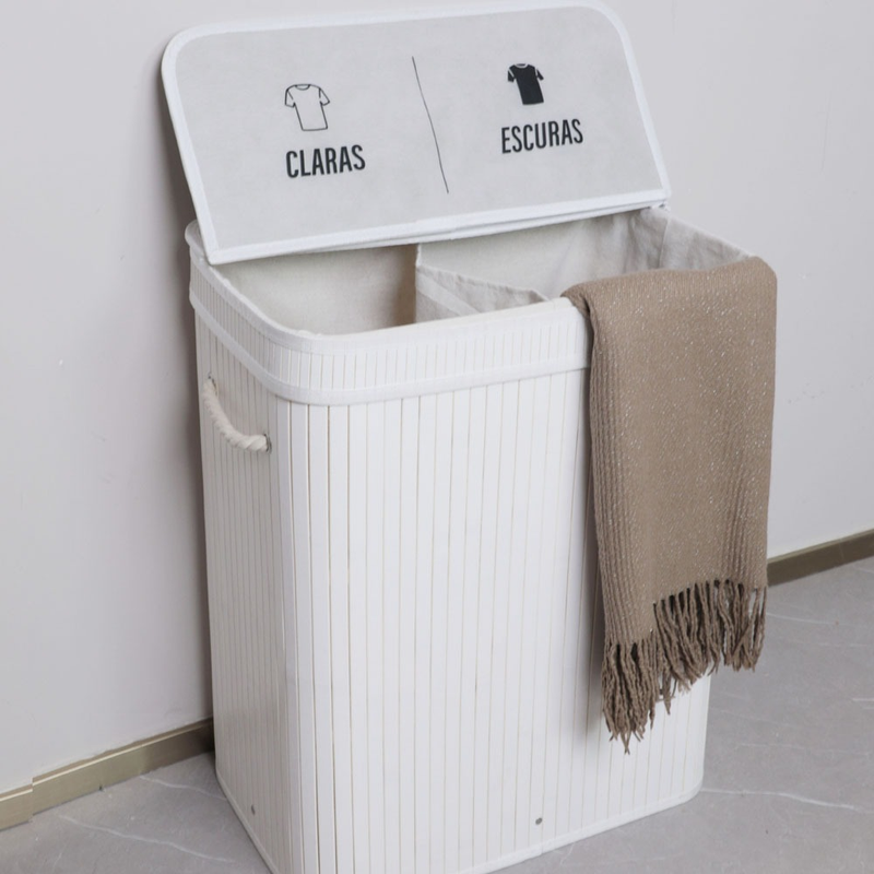 Cesto de Roupas Com Divisória Roupeiro Bambu Retangular Artiko Pratic+ Com Tampa 105L