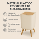 Lixeira De Plástico 9/8 Litros Branca Com Pés De Bambu Com Tampa Click De Pressão Cozinha Banheiro