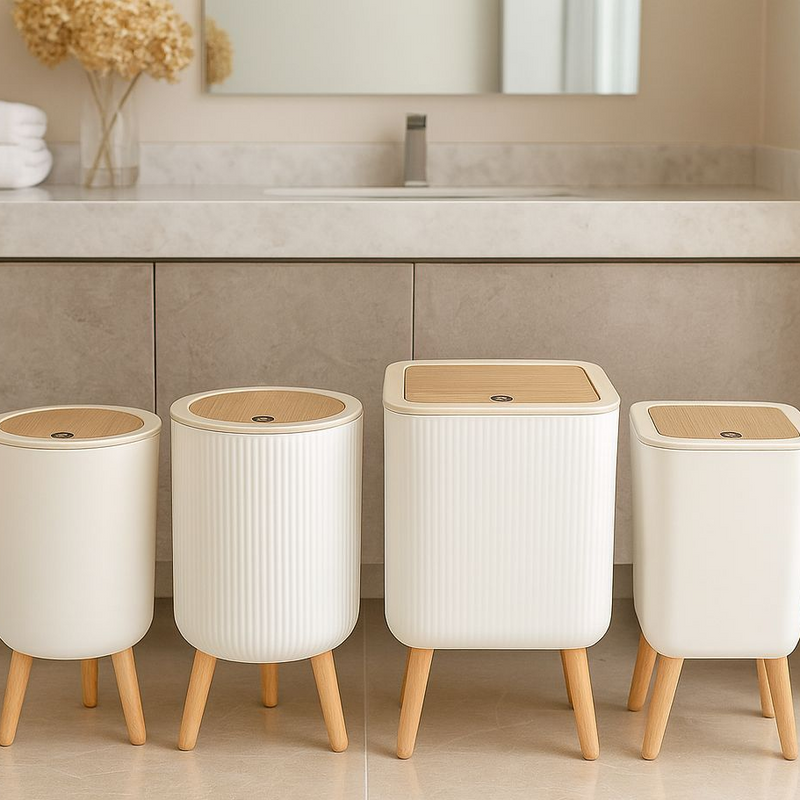 Lixeira De Plástico 9/8 Litros Branca Com Pés De Bambu Com Tampa Click De Pressão Cozinha Banheiro